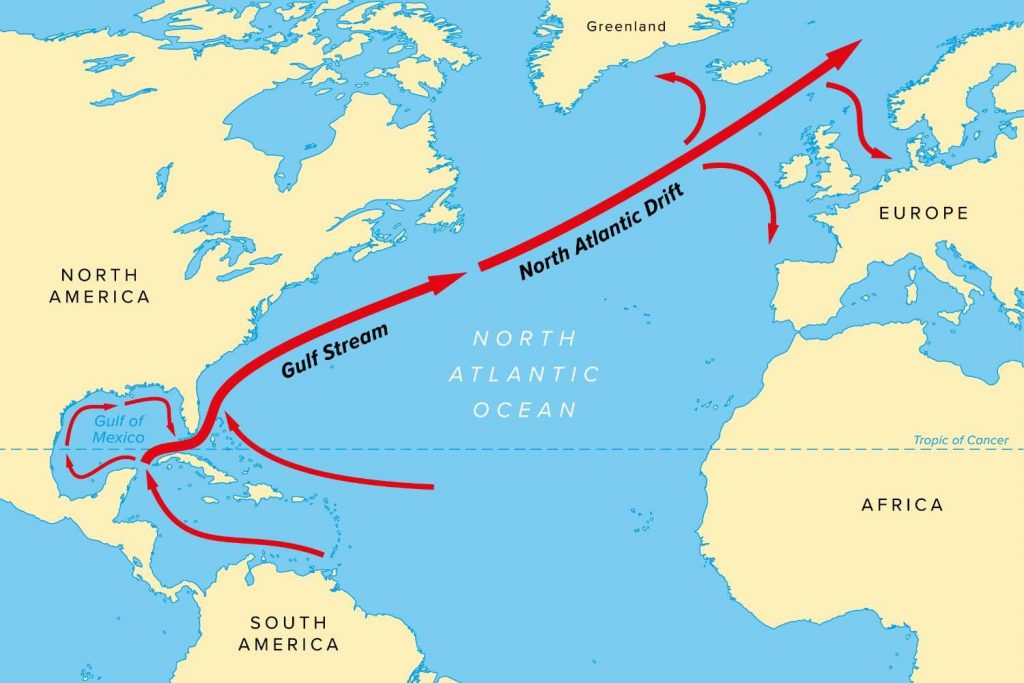 Map illustrating the Gulf Stream and North Atlantic Drift; red arrows show ocean currents flowing from the Gulf of Mexico to Western Europe.